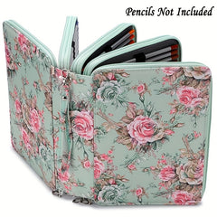 200 Holes Pencil Case Colored Pencil Holder Pen Storage Bag Zipper Rose Green
