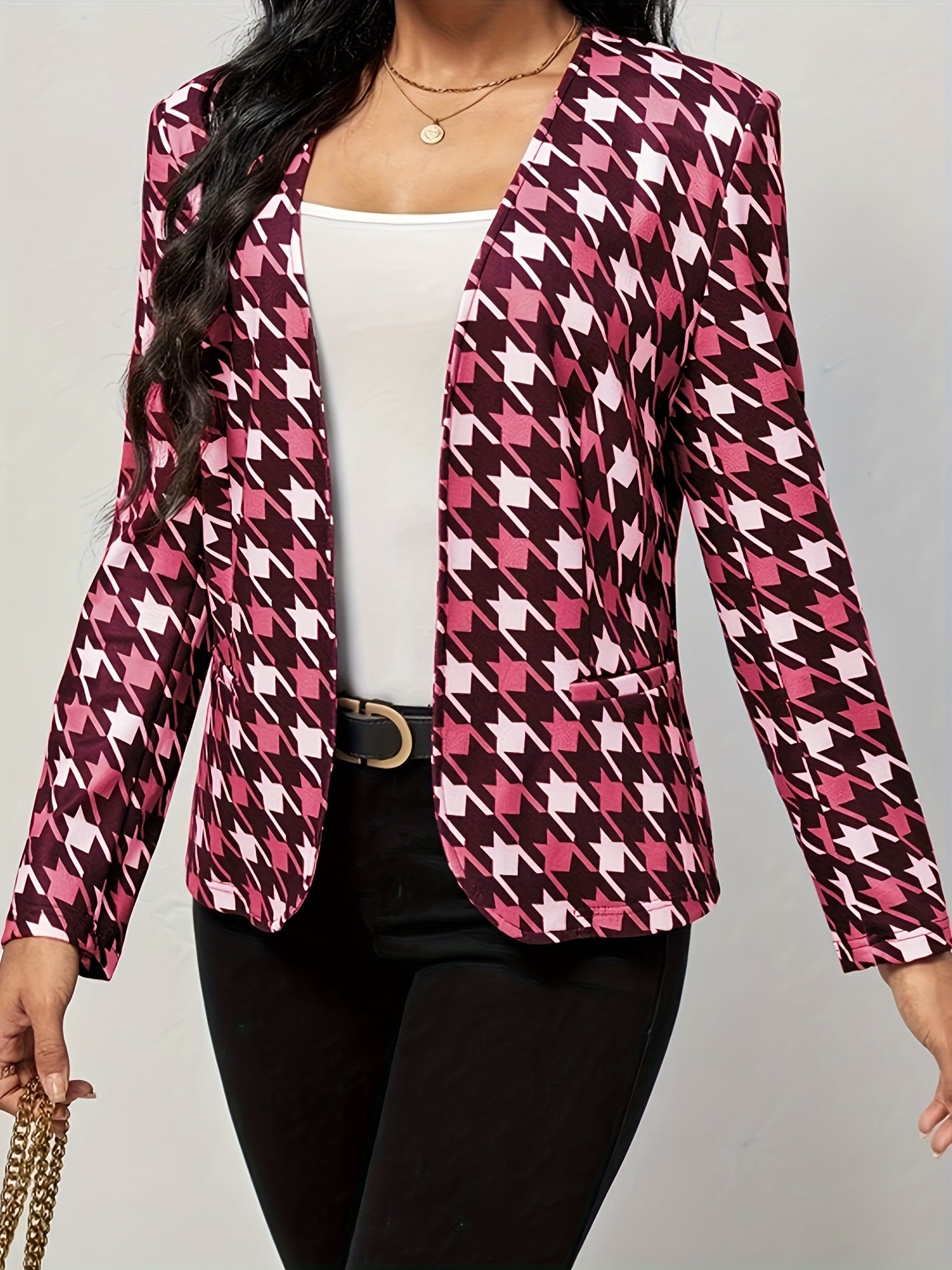  Houndstooth Print Open Front Blazer