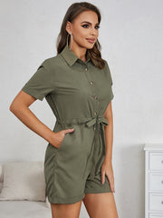 Casual Button Front Jumpsuit Tie Waist Short Sleeve
