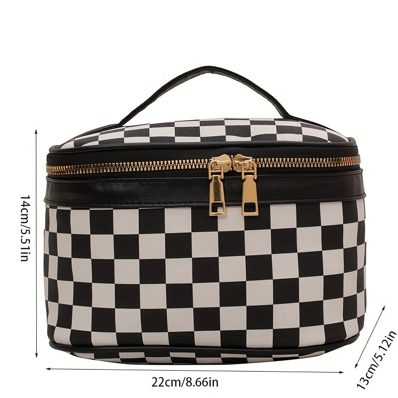 Checkered Print Cosmetic Bag Portable Travel Storage Handbags Women's Zipper Toi