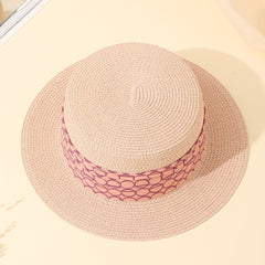 Pink Ribbon Decor Straw Hat Flat Top Jazz Sun Hat