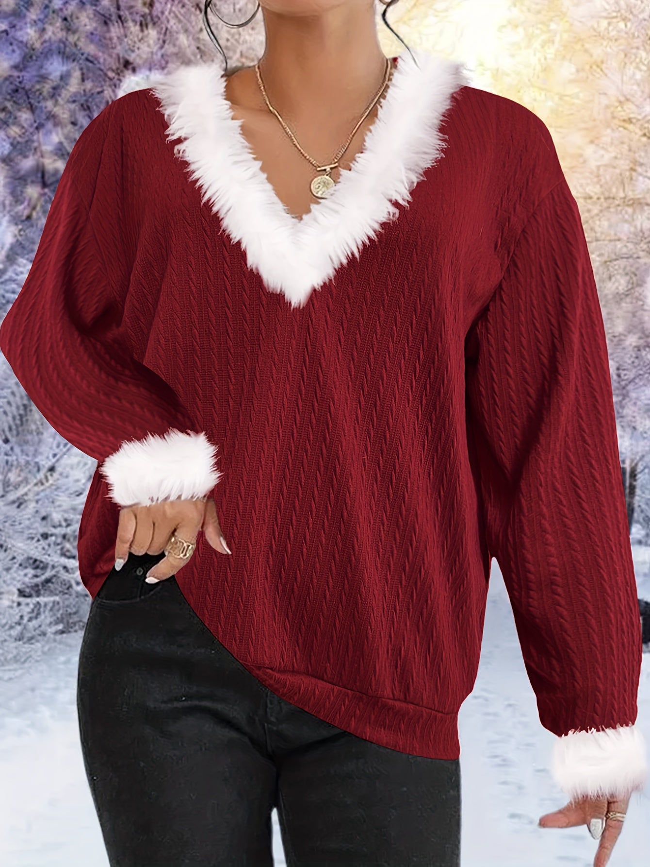  Colorblock Jacquard Fuzzy Trim V Neck Sweater