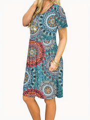  Boho Midi Dress Women's Plus Paisley Print Slight Stretch Midi Dress