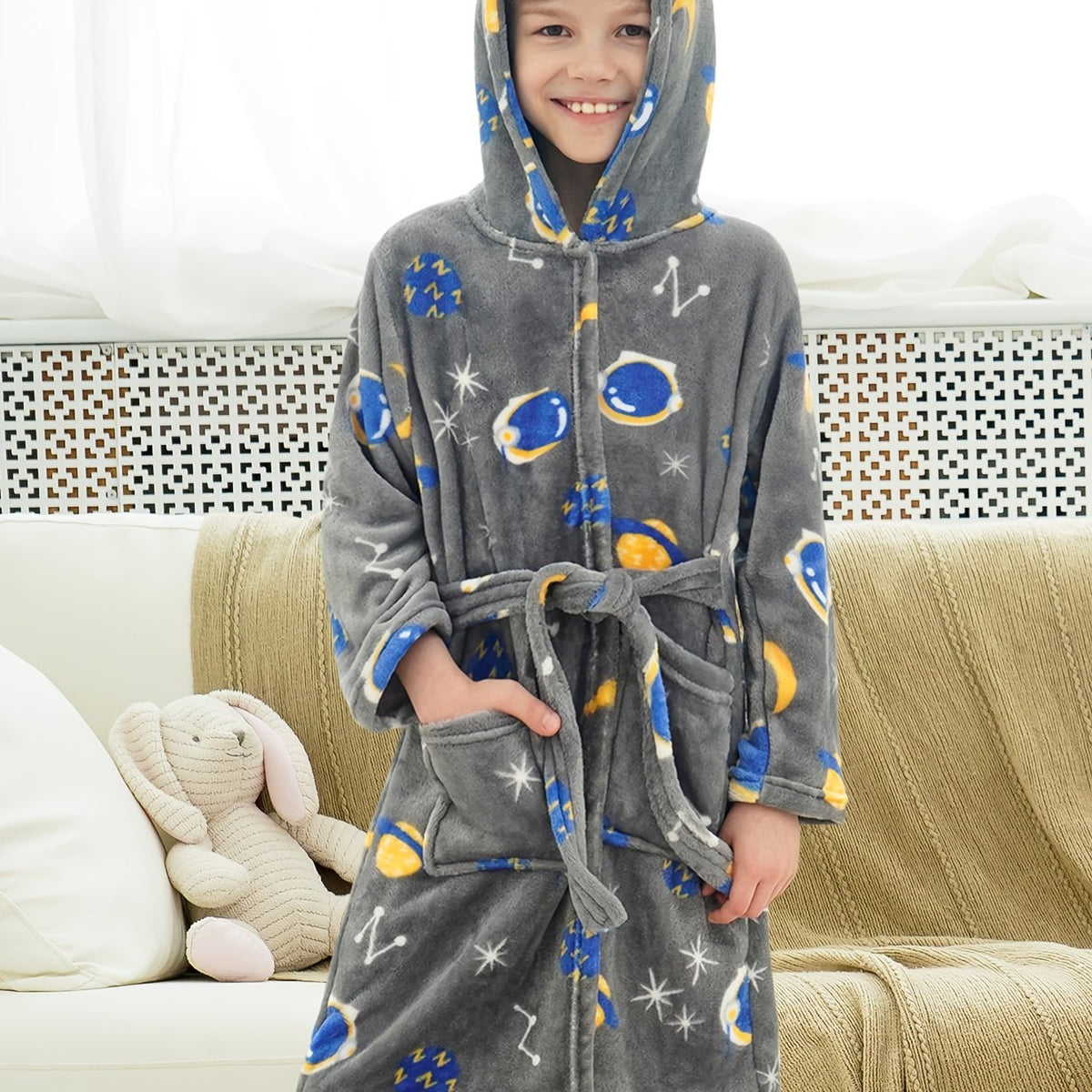 Kid's Cartoon Hooded Flannel Bathrobe PJ Set