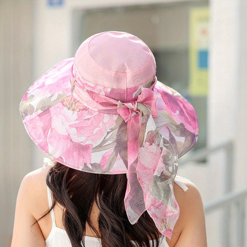 Flower Print Foldable Sun Hat Ribbon Bowknot Decor Bucket Hat UV Protection