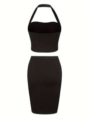  Halter Neck Backless Crop Top & Slim Fit Skirt Set