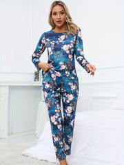 Floral Print Pajama Set Long Sleeve Crew Neck Top & Elastic Waistband Pants