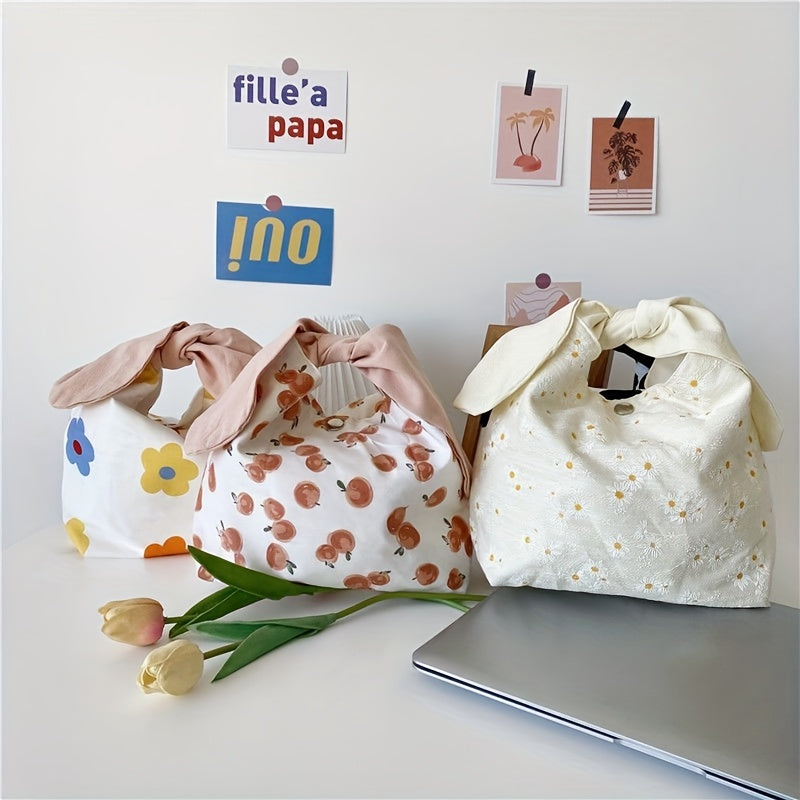 Bow Knot Handle Portable Cosmetic Bag Allover Print Lunch Bag Travel Handbag