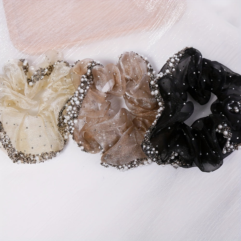 Pearl Crystal Organza Hair Tie Scrunchie Ponytail Holder Women Hair Accessories