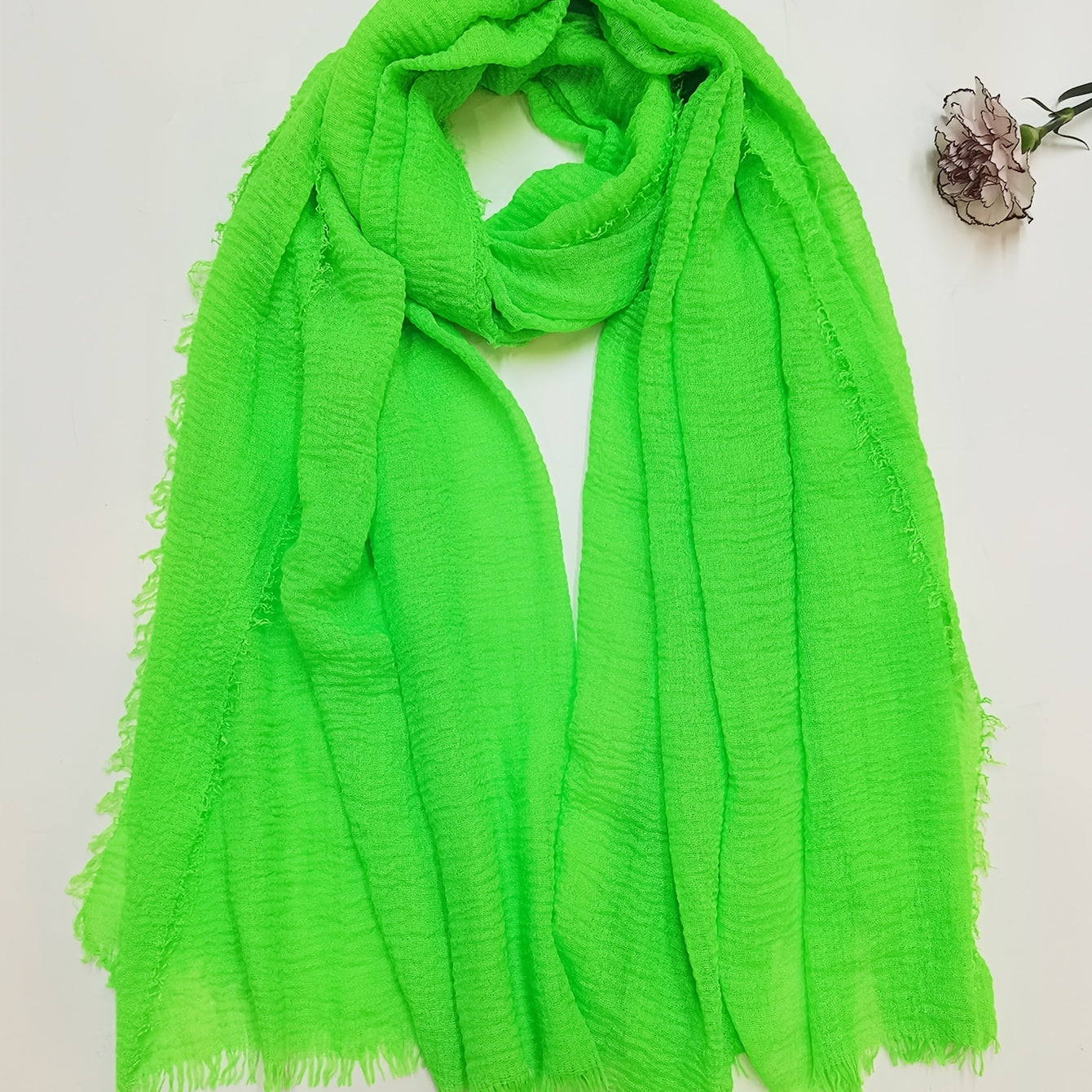 Green Fluorescent Raw Edge Scarf Solid Crepe Shawl Casual Warm Wrap Women