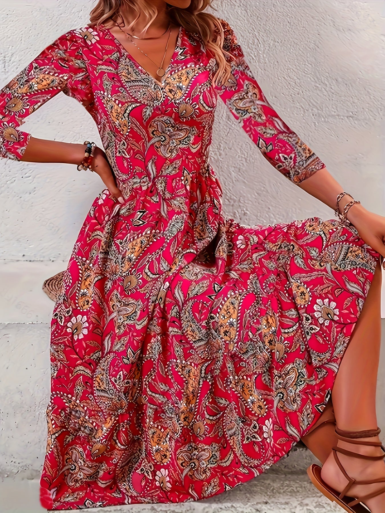  Boho Dress Women's Plus Paisley Print Long Sleeve V Neck