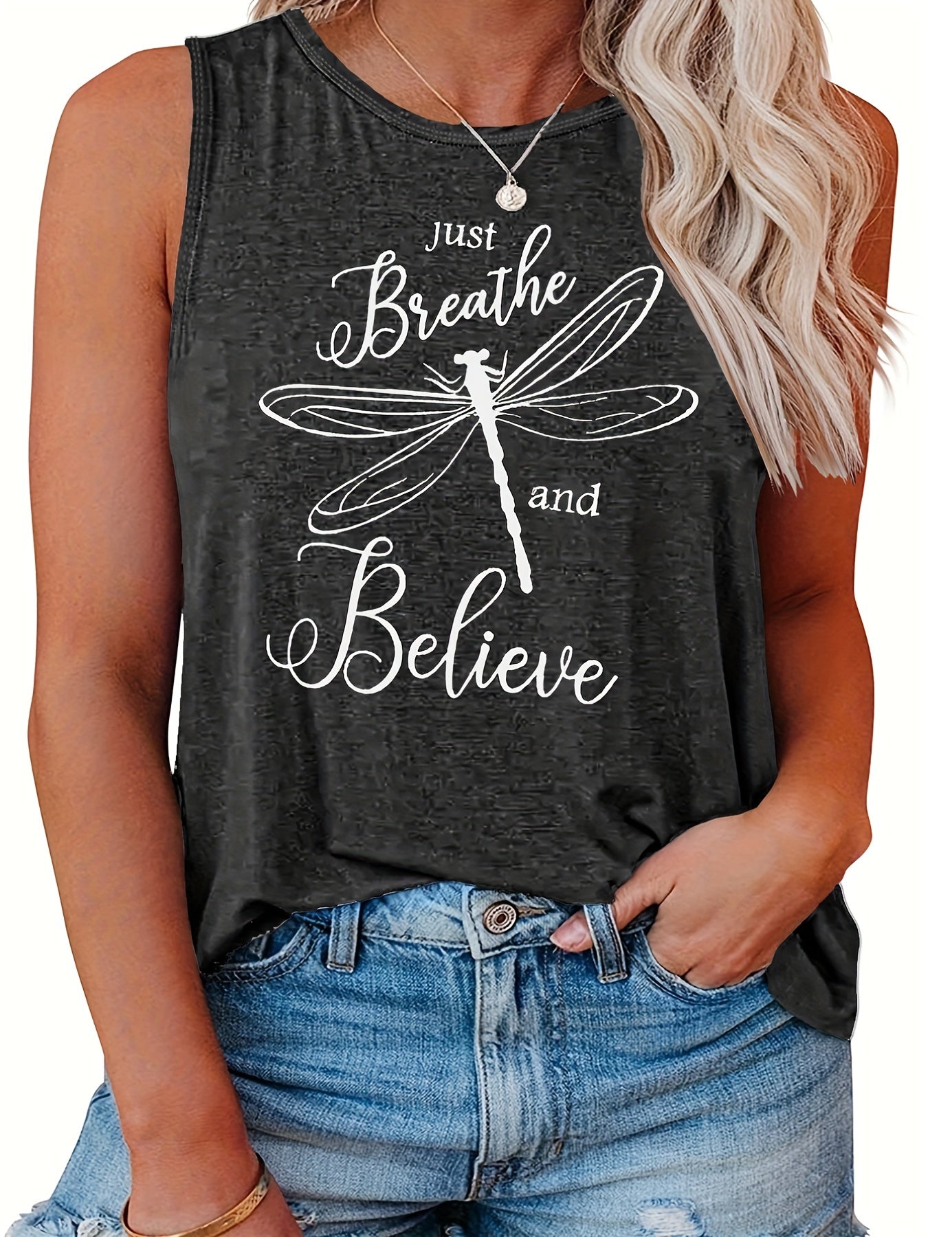 Women's Plus Dragonfly Print Tank Top Sleeveless Casual Shirt