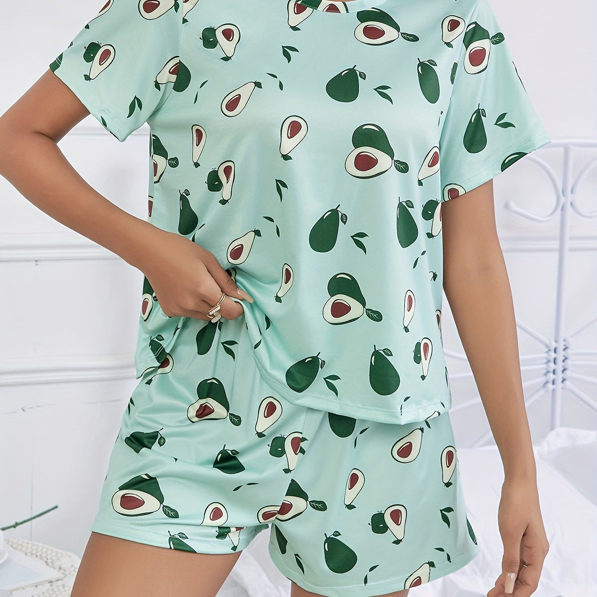 Avocado Print Pajama Set Short Sleeve Crew Neck Top & Elastic Waistband Shorts
