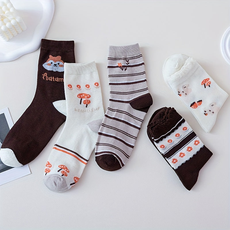 5 Pairs Floral & Animal Print Socks Comfortable Mid Tube Women's Stockings