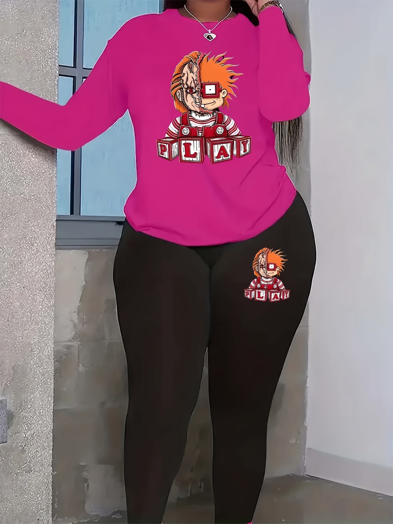  Halloween Cartoon Print Top & Leggings Set