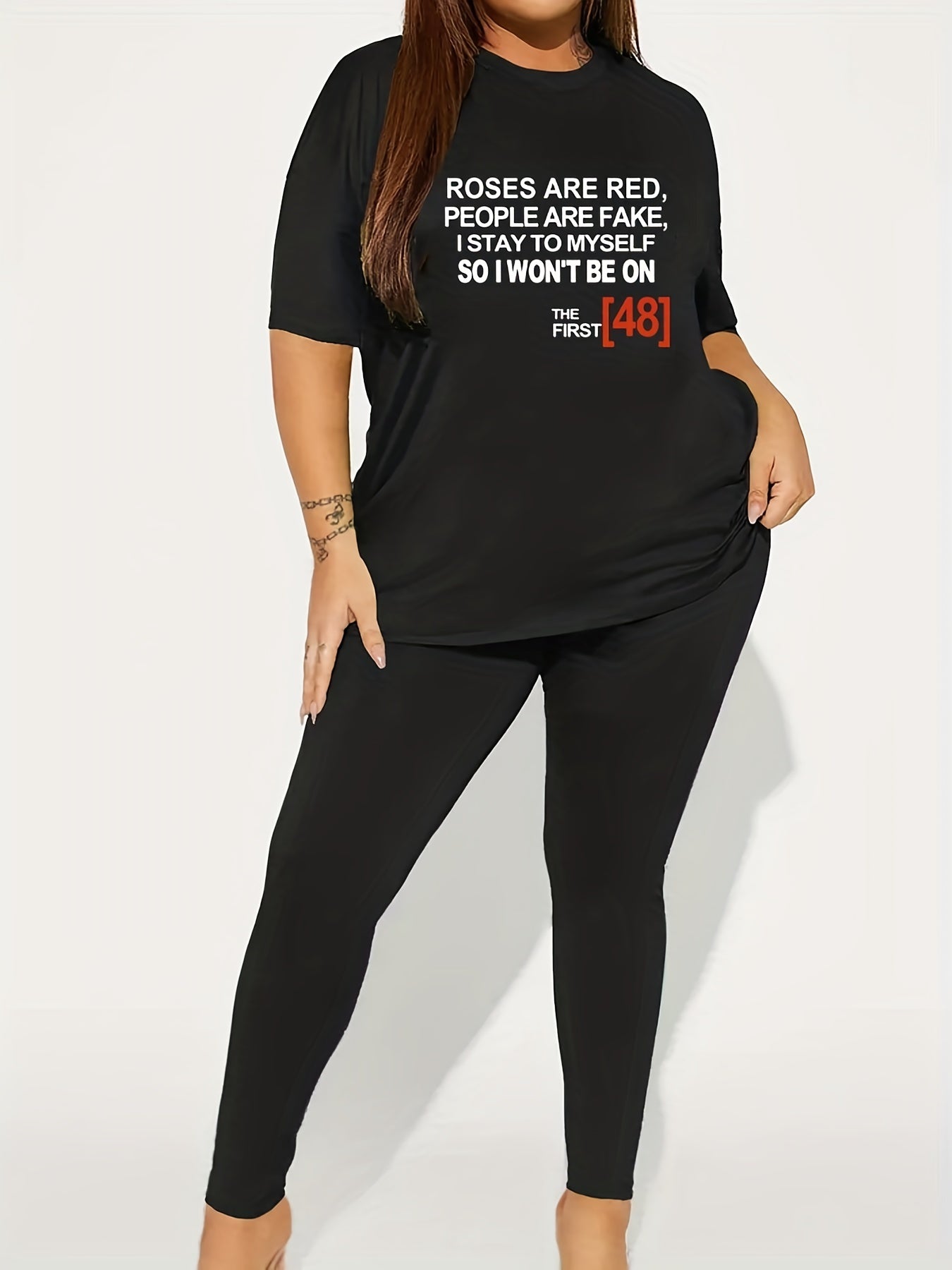  Slogan Print Tee & Leggings 2 Piece Set