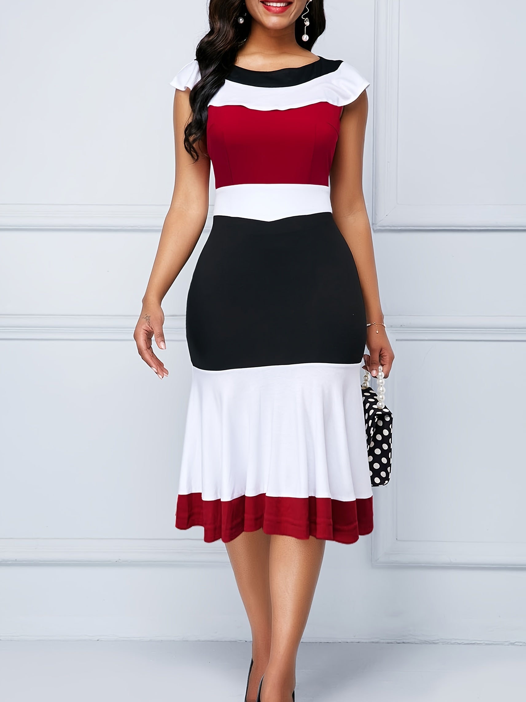  Colorblock Cap Sleeve Midi Dress