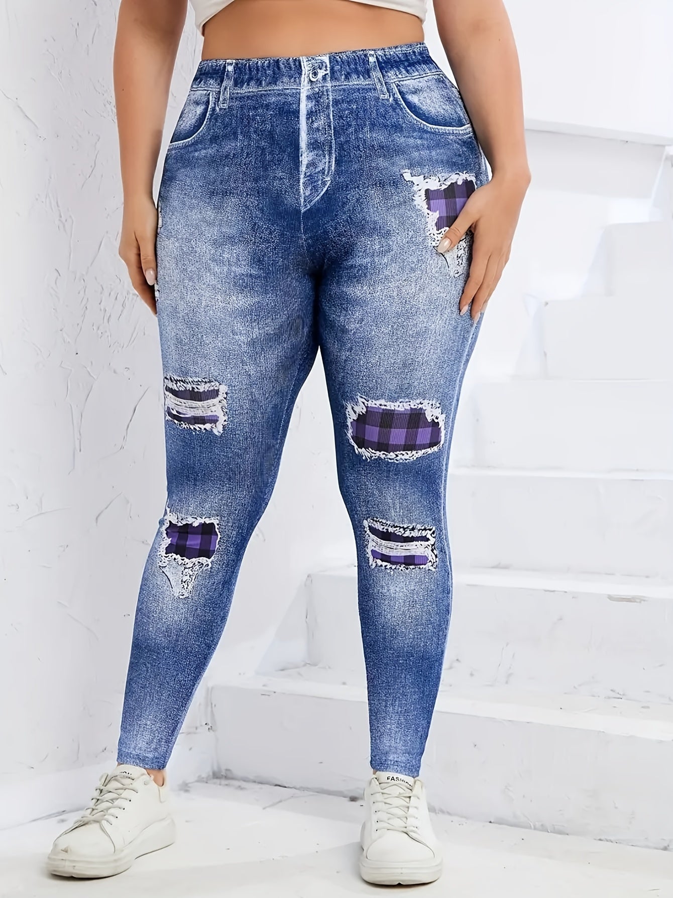  Colorblock Plaid & Denim Print Leggings