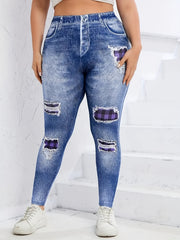  Colorblock Plaid & Denim Print Leggings