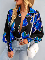  Floral Print Button Up Lantern Sleeve Blouse