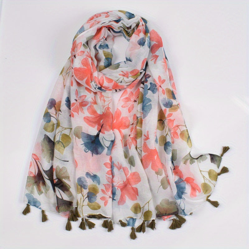 Ginkgo Leaf Print Scarf Bohemian Tassel Shawl Warm Vintage Sunscreen Head Wrap