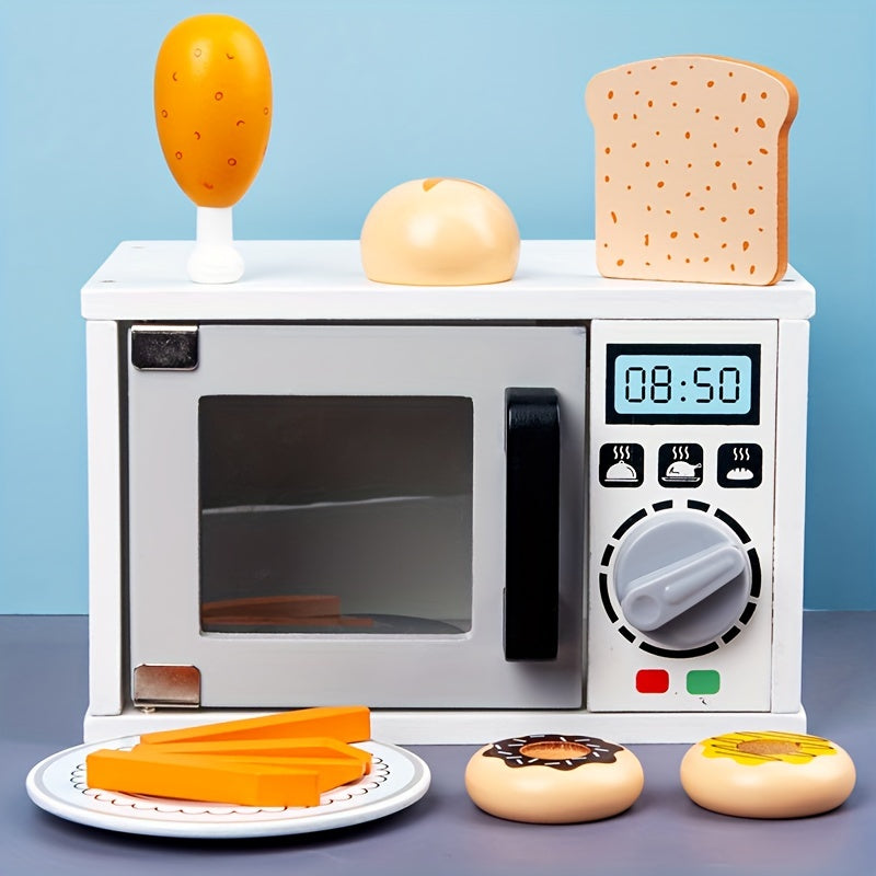 Kids Wooden Microwave Oven Kitchen Playset with Bread Baking Dessert Set