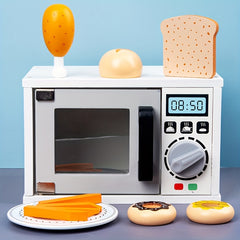 Kids Wooden Microwave Oven Kitchen Playset with Bread Baking Dessert Set
