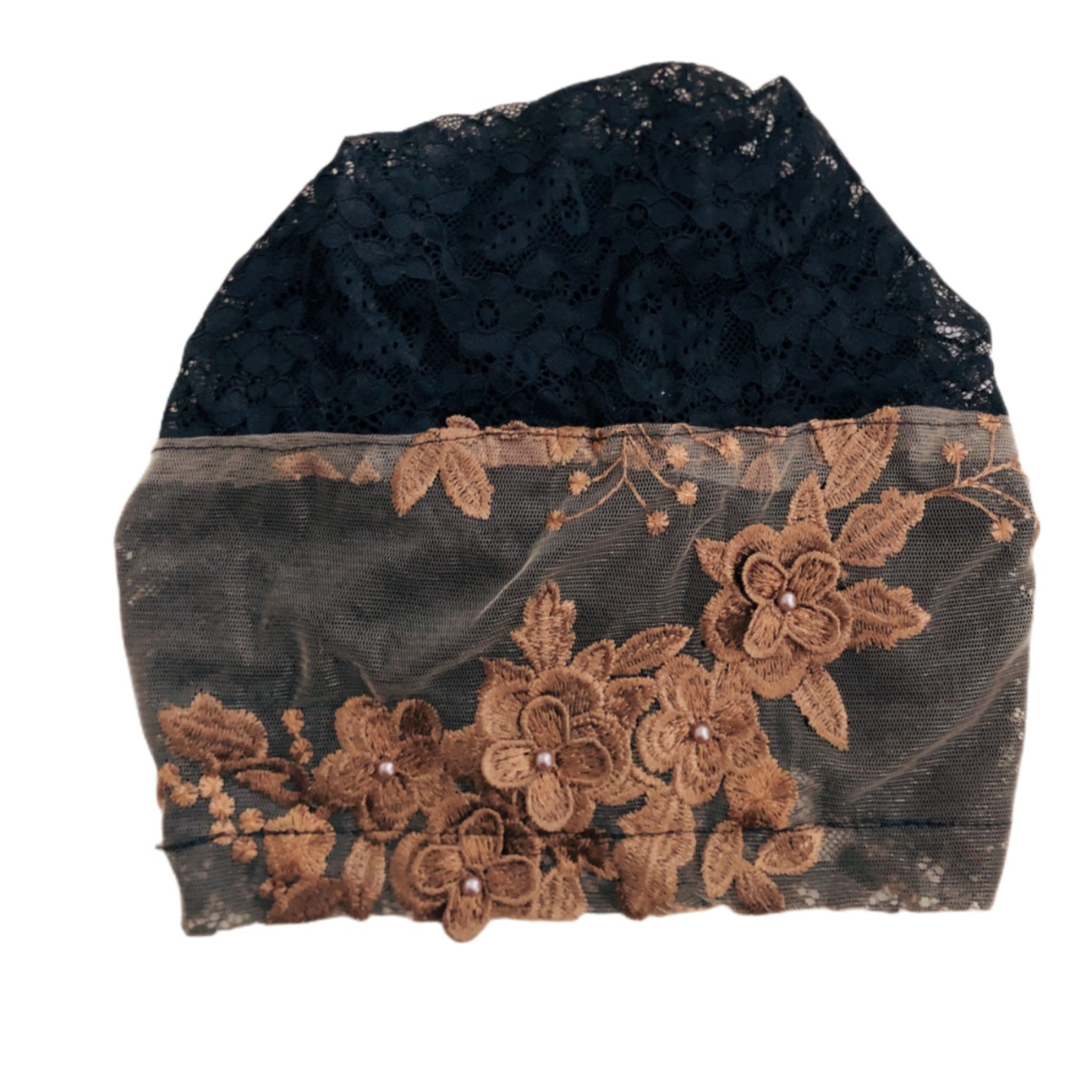 Lace Flower Embroidery Turban Cap Mesh Breathable Ruffle Head Wrap Elastic Hijab