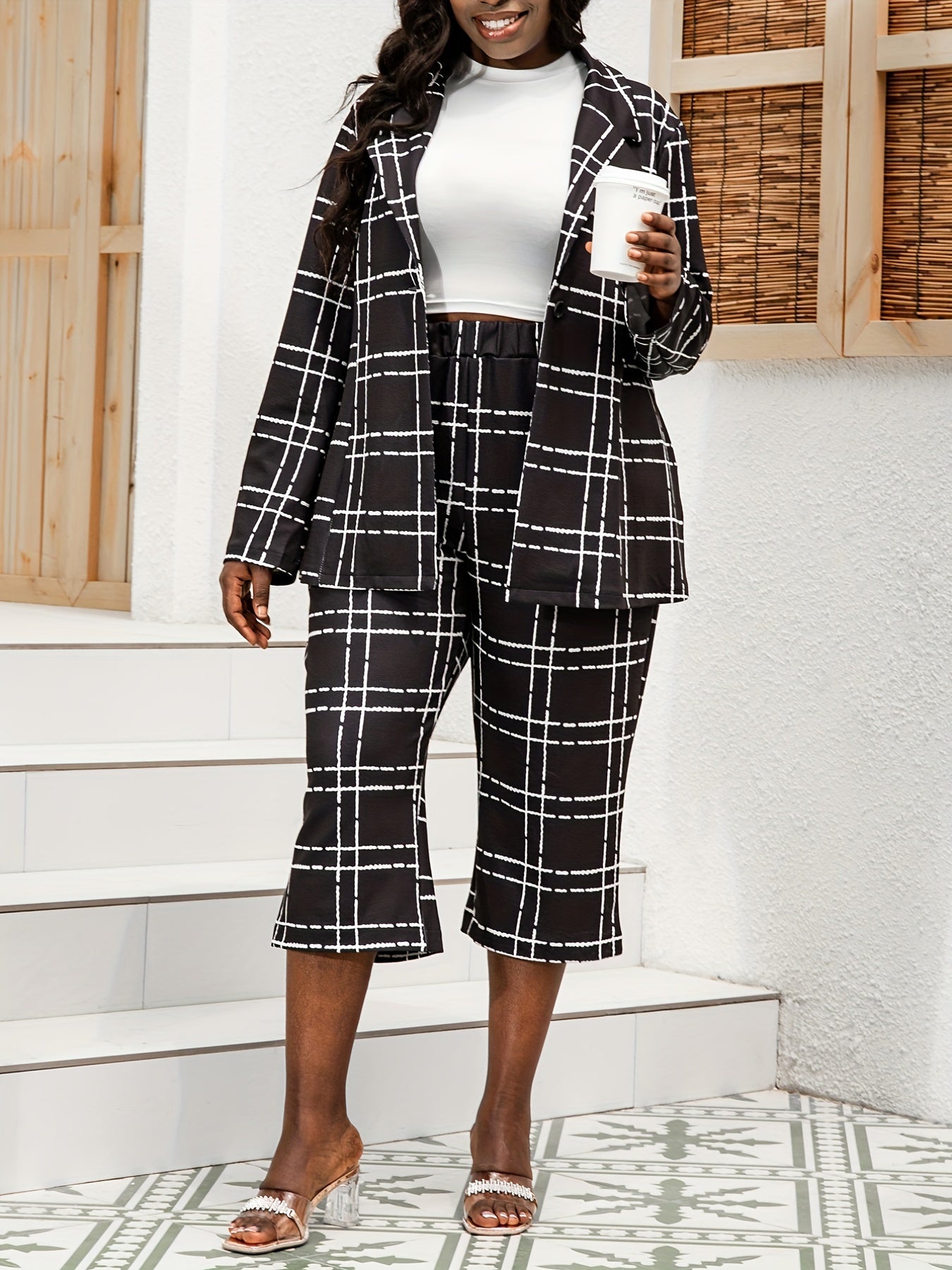  Grid Print Blazer & Pants Suit Sets