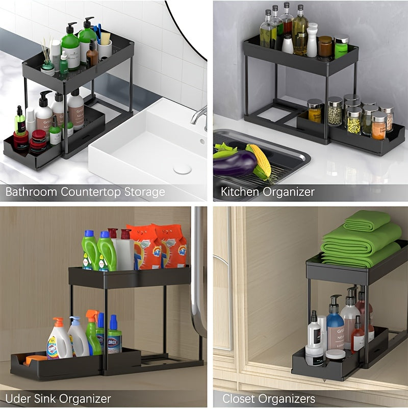 2 Tier Sliding Cabinet Basket Organizer with Hooks for Bathroom