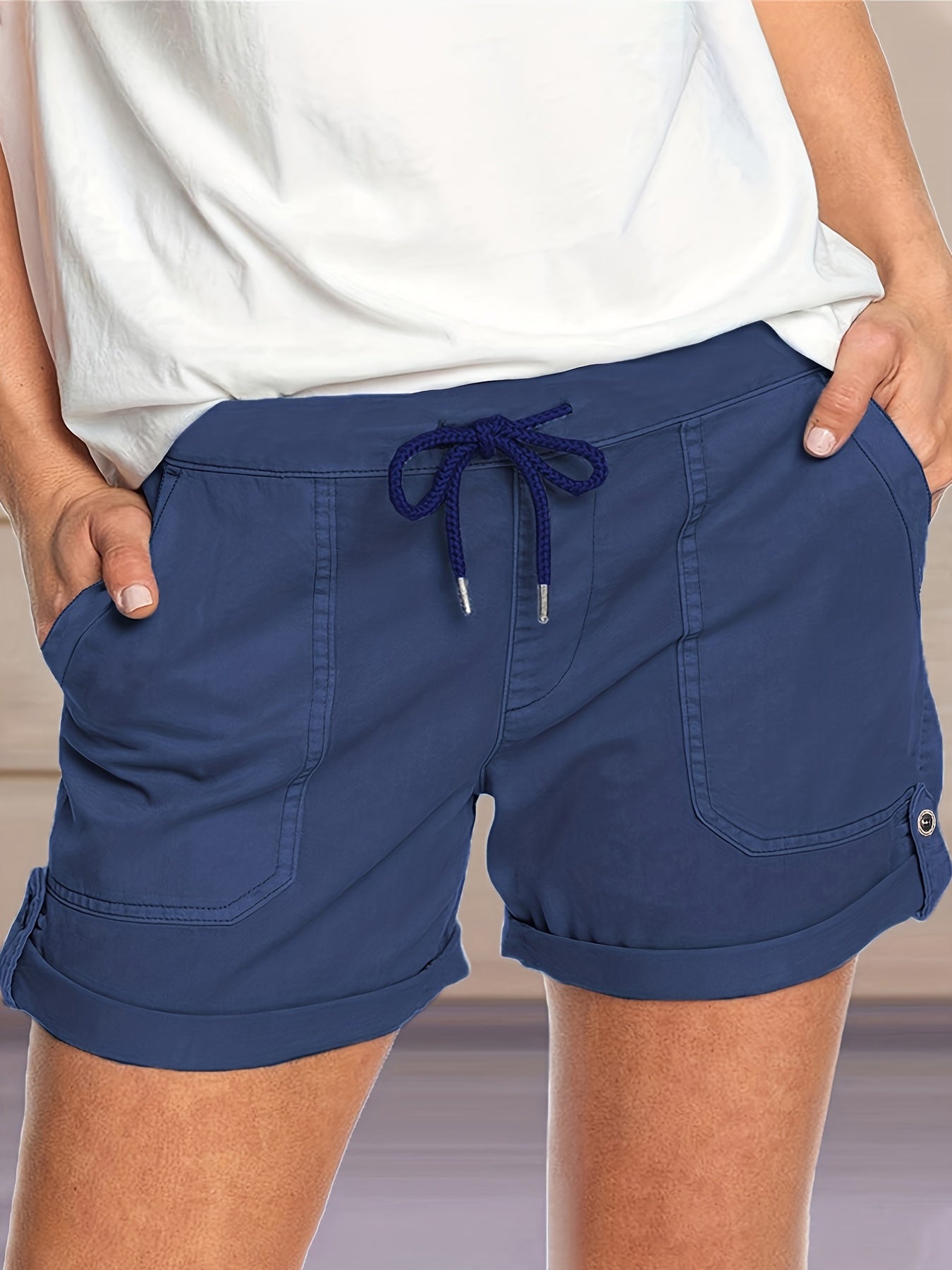 Solid Drawstring Shorts With Pockets Women's Clothing