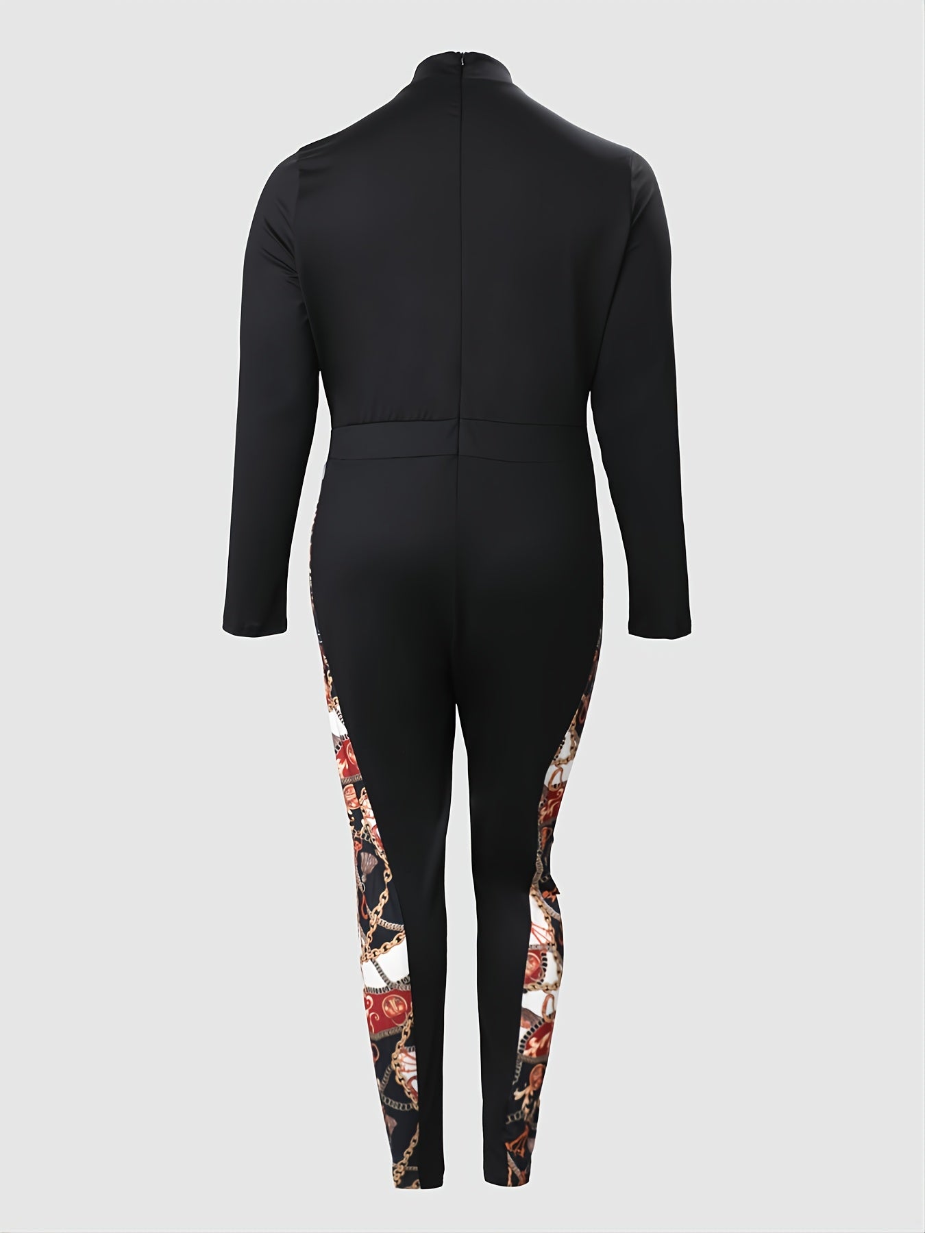  Colorblock Paisley Print Long Sleeve Mock Neck Jumpsuit