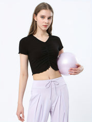 Elastic Soft Yoga Pleated Shirt V Neck Crop Top