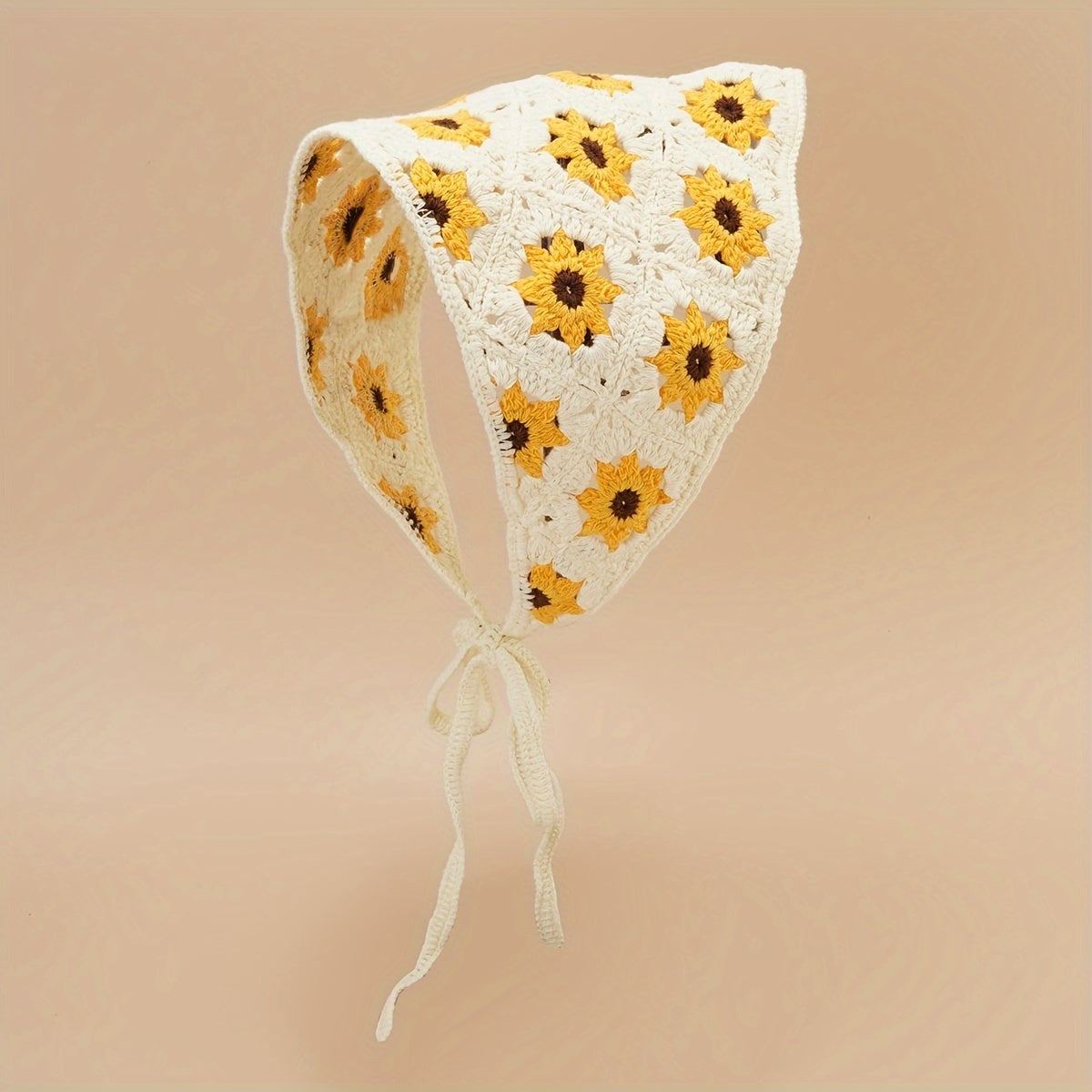 Daisy Flower Knitted Triangle Scarf Head Wrap Hollow Crochet Lace Up Turban Hat