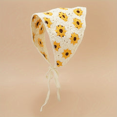 Daisy Flower Knitted Triangle Scarf Head Wrap Hollow Crochet Lace Up Turban Hat
