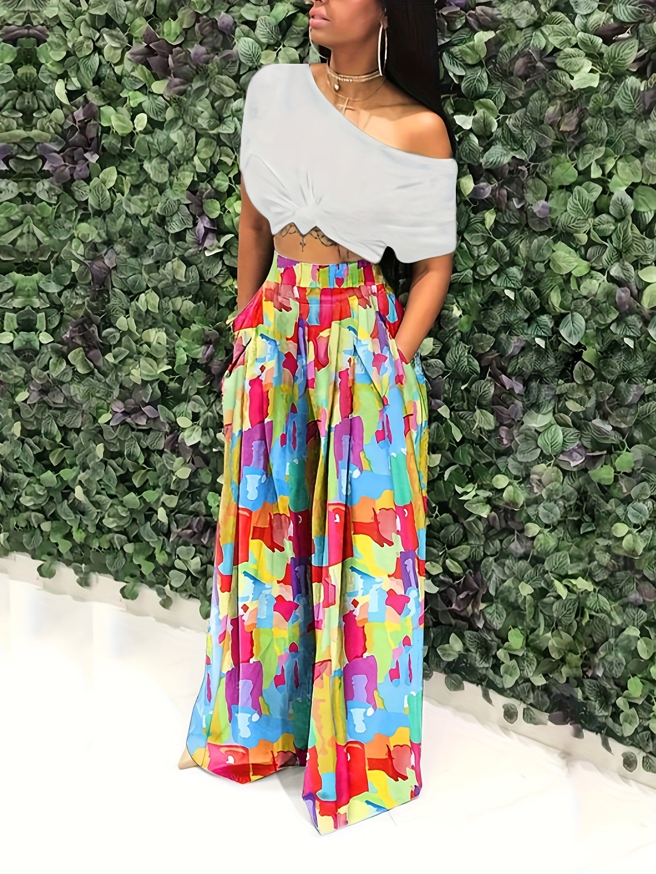 Women's Plus Contrast High Rise Wide Leg Pants With Pockets