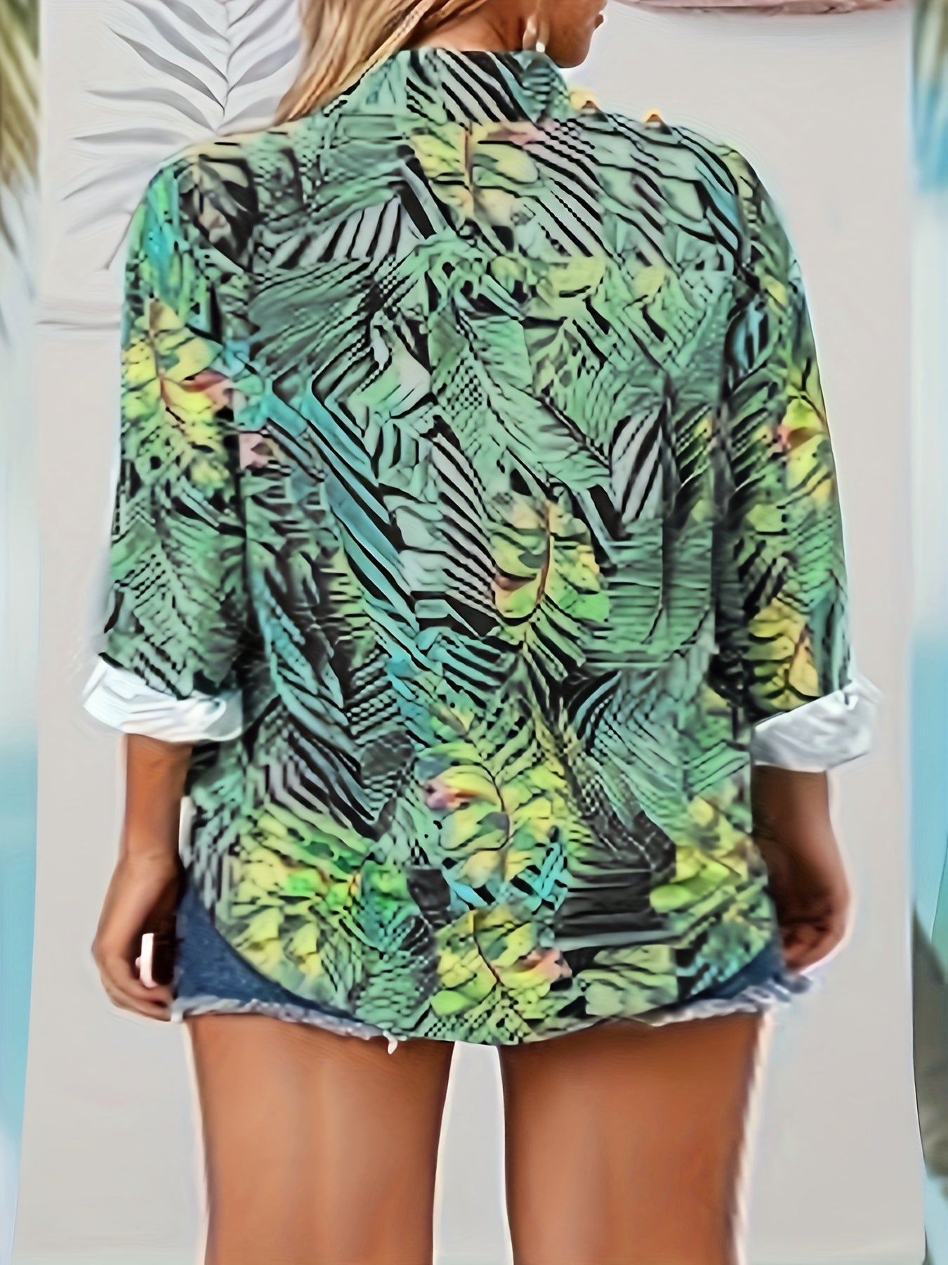  Tropical Print Blouse Long Sleeve Button Up Top
