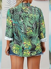  Tropical Print Blouse Long Sleeve Button Up Top
