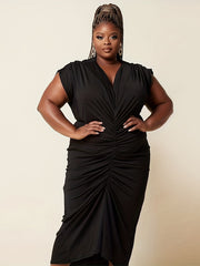  Solid Cap Sleeve V Neck Ruched Maxi Dress