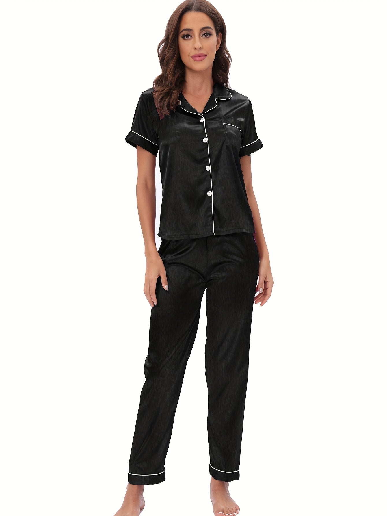 Satin Pajama Set Short Sleeve & Elastic Waistband Pants Women's Sleepwear