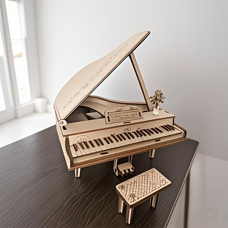 3D Wooden Piano Puzzle Craft Decor with Golden Accents