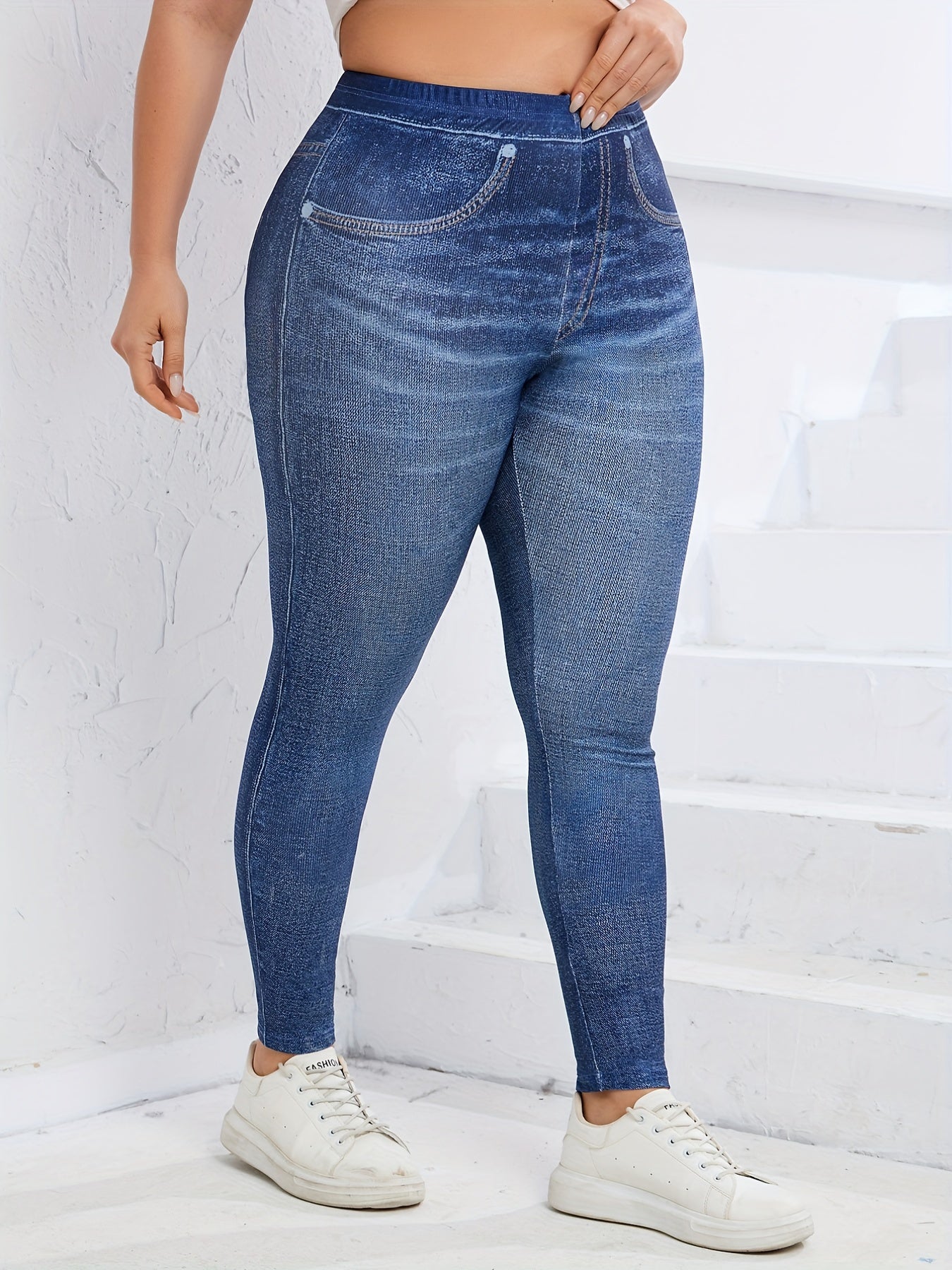  Denim Print High Waist Leggings Women's Plus Basic Leggings