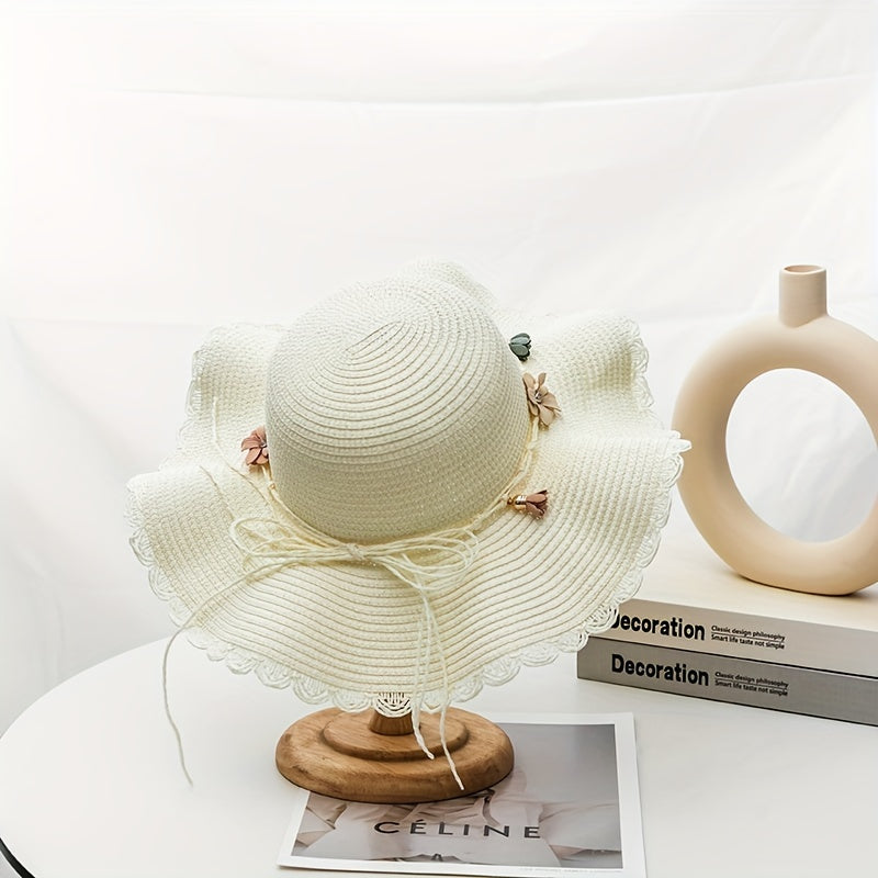 Wide Brim Sun Hat Flower Decor Foldable Travel Beach Hats UV Protection