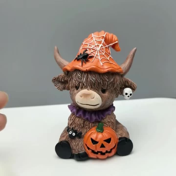 Spooky Highland Cow Halloween Figurines with Witch Hats