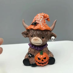 Spooky Highland Cow Halloween Figurines with Witch Hats
