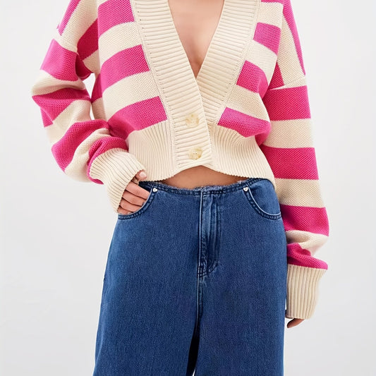  Colorblock Stripe Print Button Up Long Sleeve Crop Cardigan