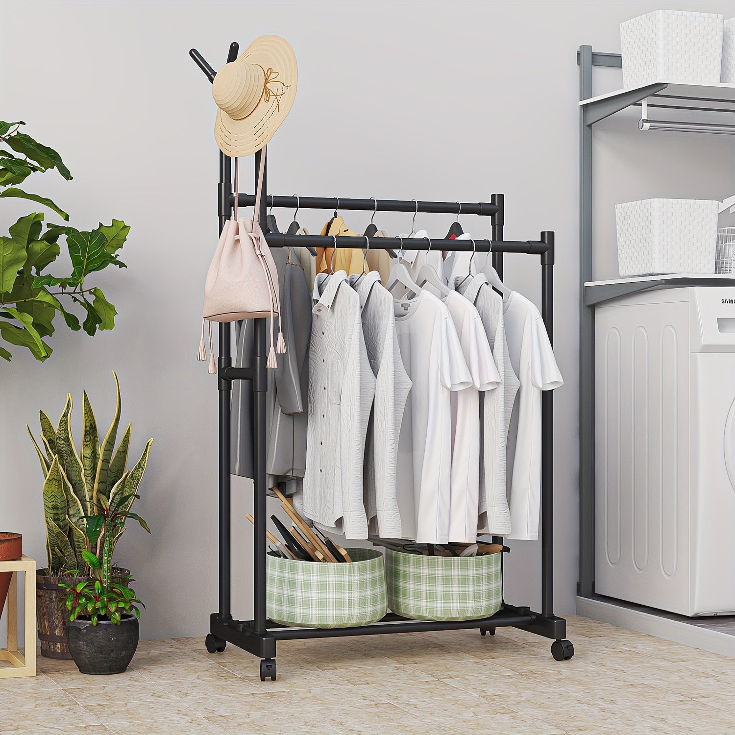 Double Pole Coat Rack With Pulley 2 Layer Clothes Rack Standing Coat Rack