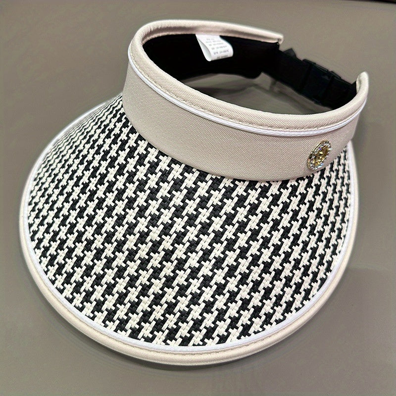 Houndstooth Visor Hat Wide Brim UV Protection Straw Sun Hat