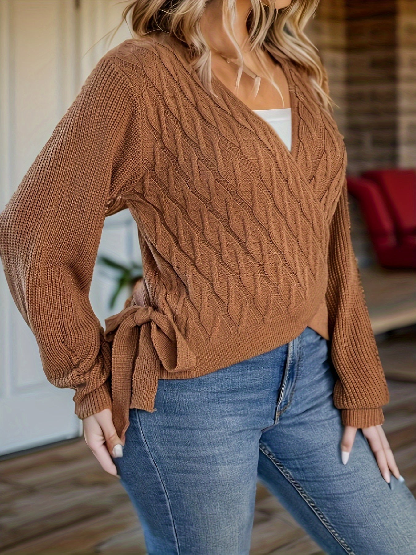  Casual Sweater Women's Solid Cable Long Sleeve Surplice Neck Knot