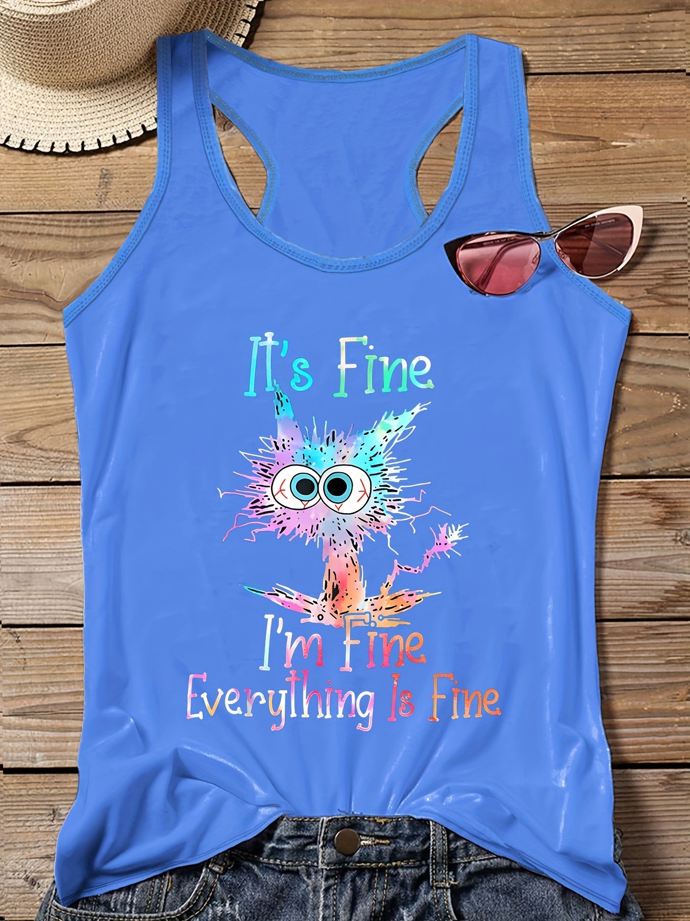Plus Ombre Cat & Slogan Print Round Neck Vest